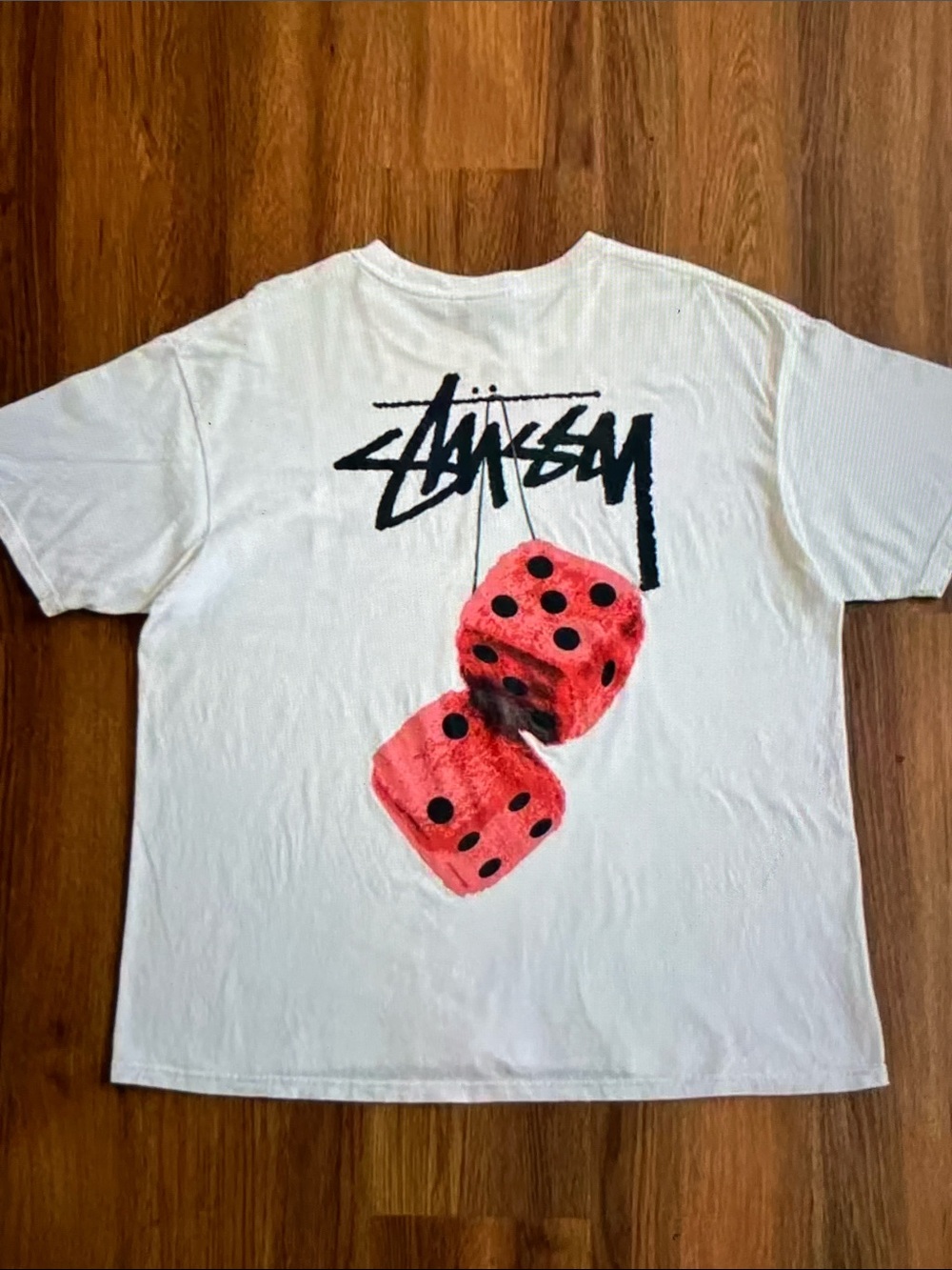 Stussy White Short Sleeve Tee with Red Dice Back Graphic